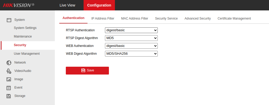 Настройка RTSP Authentication digest/basic и алгоритма MD5 в интерфейсе Hikvision